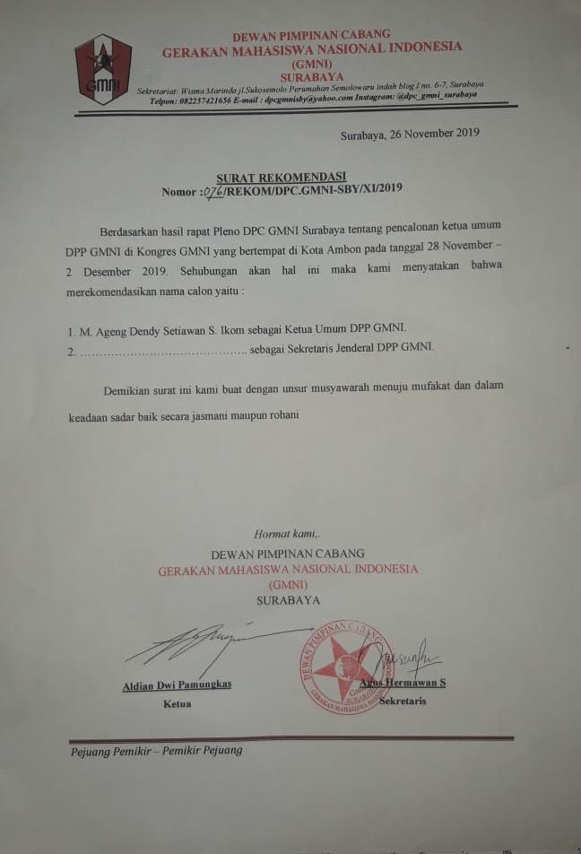 Surat rekomendasi yang dikeluarkan oleh DPC GMNI Surabaya